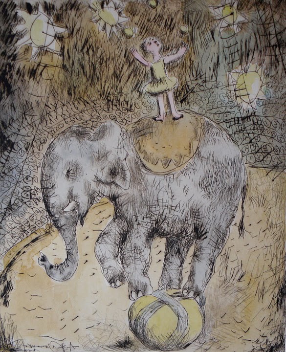 Алексей КАЗАЧЕНКО - Девочка на слоне. 2009, б., акварель, сухая игла, 30х35