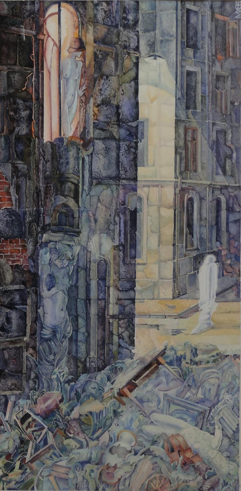 Макс ХААЗЕ - Мертвый переулок. 1983, бумага, гуашь, декалькомания, 60х30