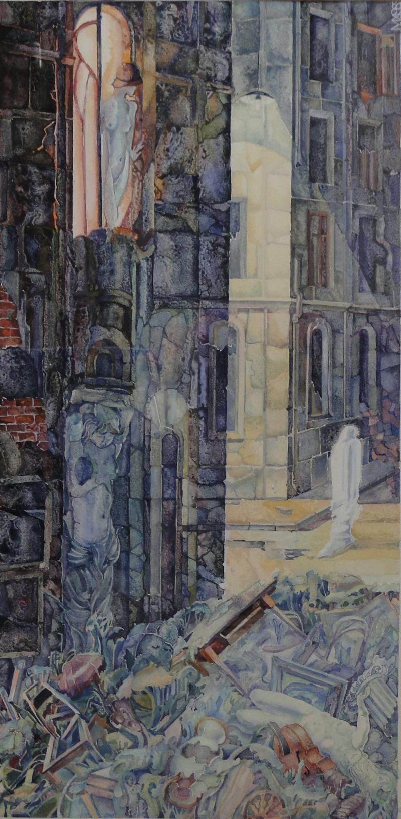 Макс ХААЗЕ - Мертвый переулок. 1983, бумага, гуашь, декалькомания, 60х30