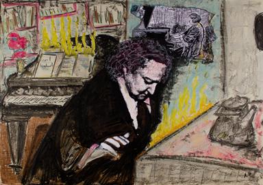 Яков НАЗАРОВ - Горящие ноты. Портрет Юдиной. 2009, б., пастель, коллаж, 50х70