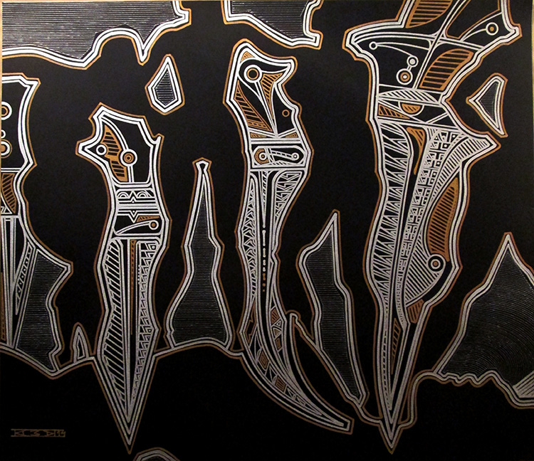 Марон КАЗАК - Заточки зависти 1. 2014, б., серебряная, золотая краска, 540х580
