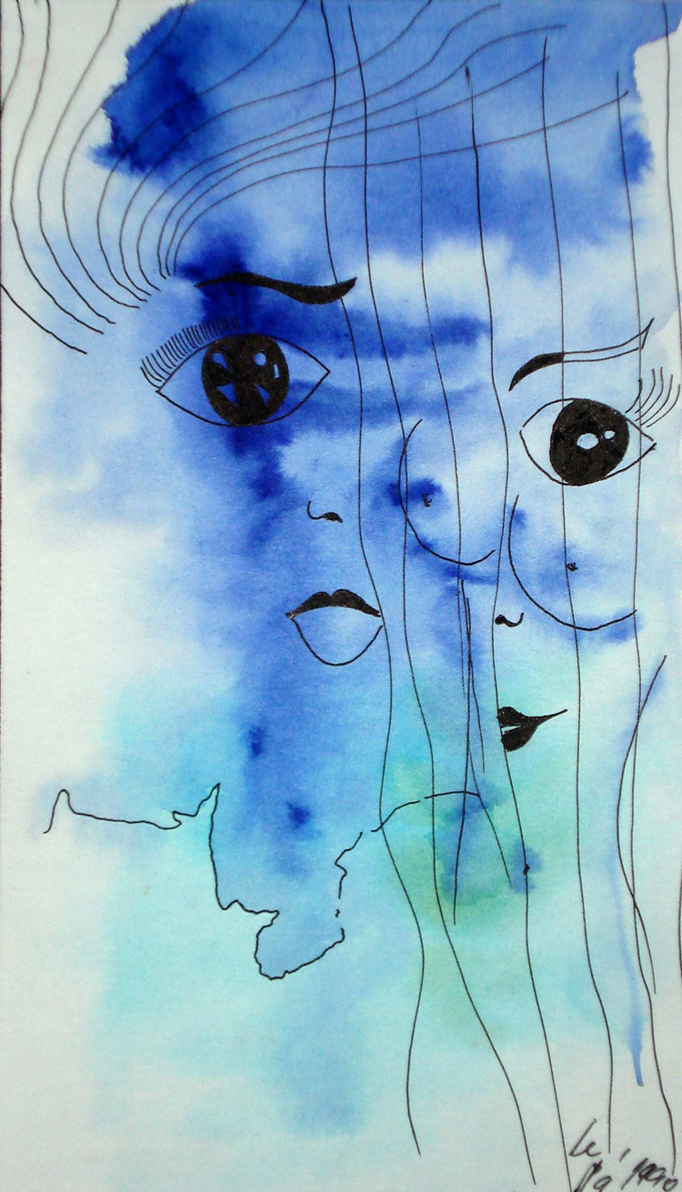 ЛЕНКА ЛЕ ПАРТЛ (LENKA LE PARTL) - Небесно-голубой. 1990, б., анилиновые краски, тушь, 22х15