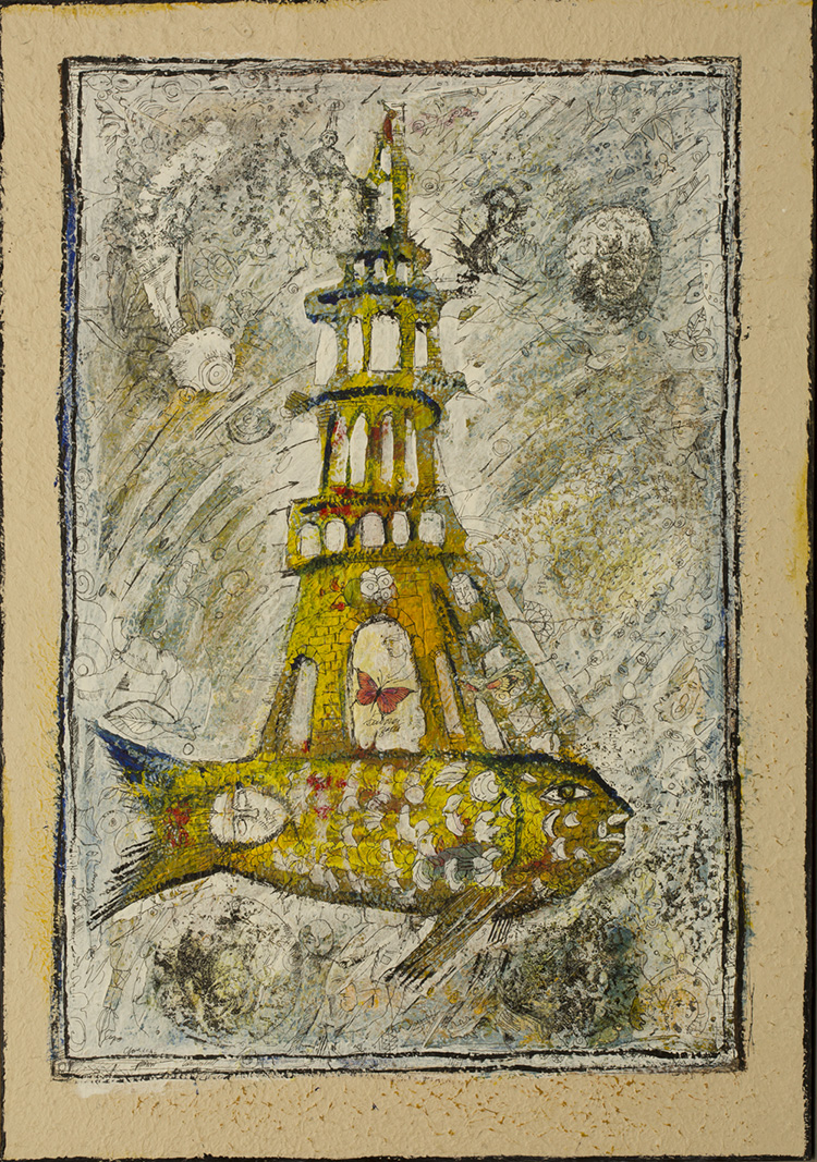 Василий КАФАНОВ - Желтая рыба-башня - 1. 2011, х.,б., акрил, тушь, 100х70