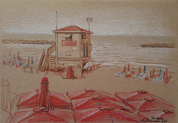Лариса ЛОМАКИНА - Красные зонты. Тель-Авив. 2015, картон, фломастер, акварельный карандаш, 21х30