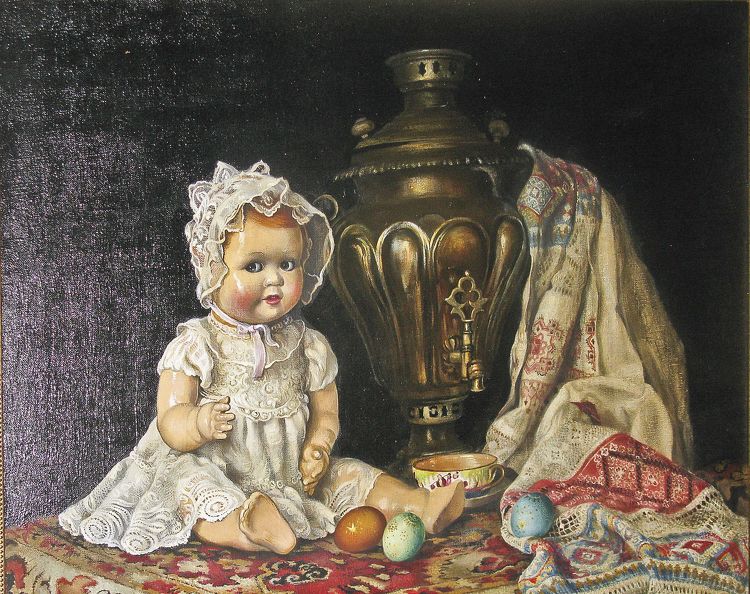 Ирина КОСТРИНА - Натюрморт с куклой у самовара. 2011, х.,м., 60х80