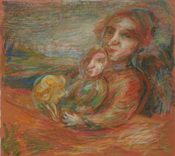 Юрий ПЕТКЕВИЧ - Дама с ребенком и букетом. 2004, картон, темпера, пастель, 36х40